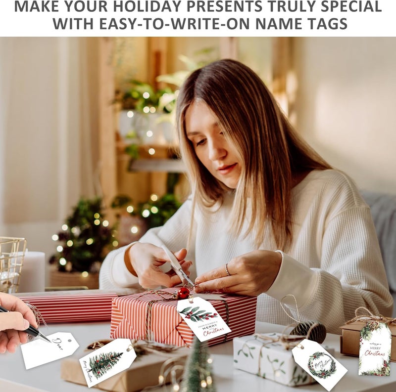QOIUSO Beautiful Watercolor Christmas Gift Tags - 48 Pcs Rustic Christmas Name Tags with String for Personalizing Your Holiday Presents - Spread Joy and Cheer with These Festive Paper Labels - Image 3
